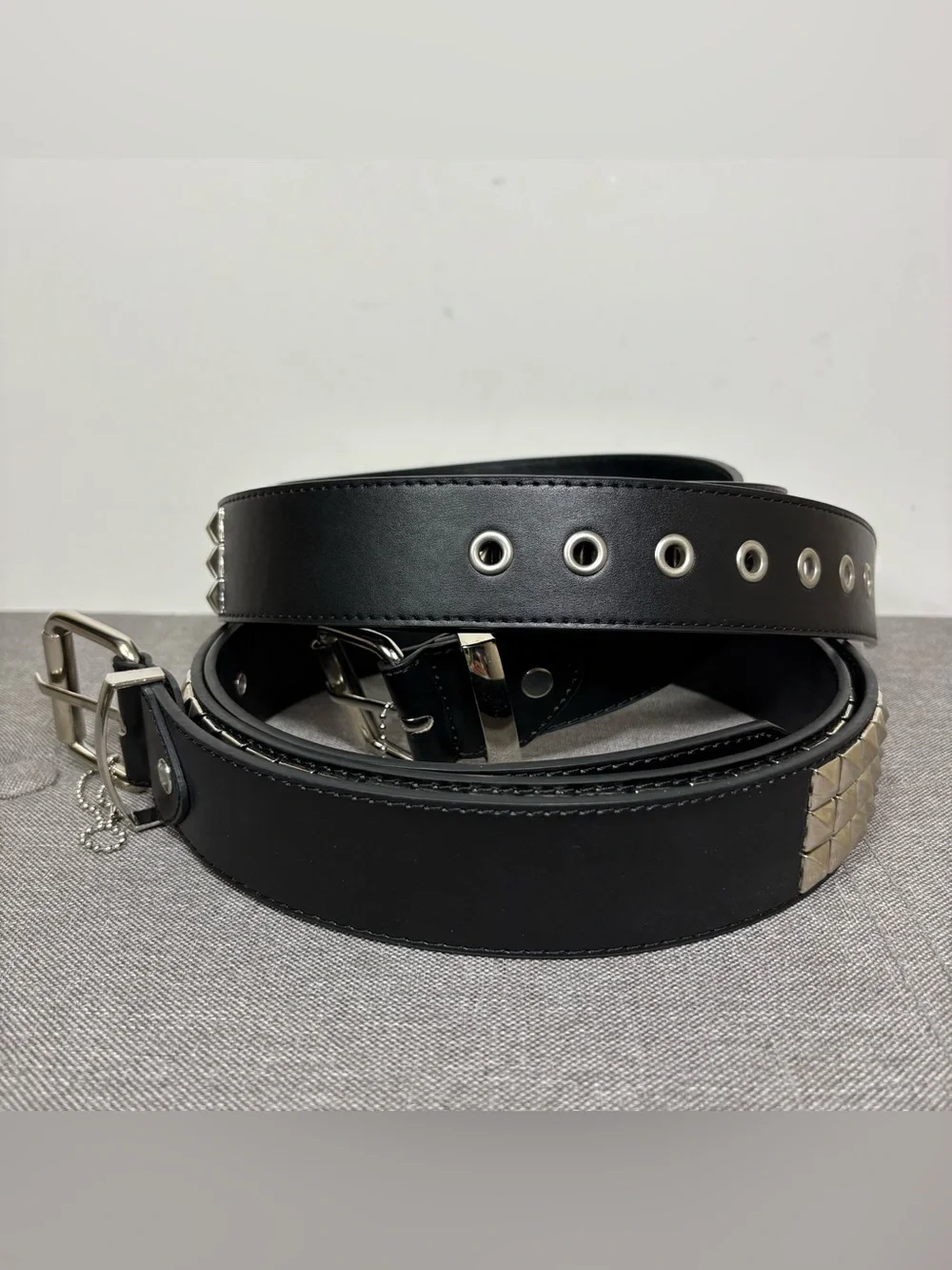 foolsGold Black Pyramid Stud Leather Belt with Silver Buckle- 4XL